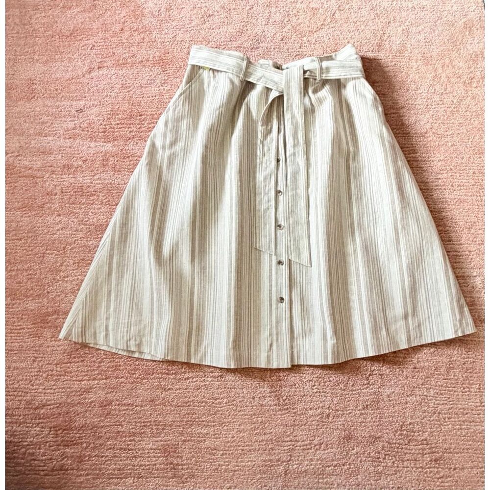 Bar III Women’s Beige Striped Linen Blend A-Line Button Front Midi Skirt Belted